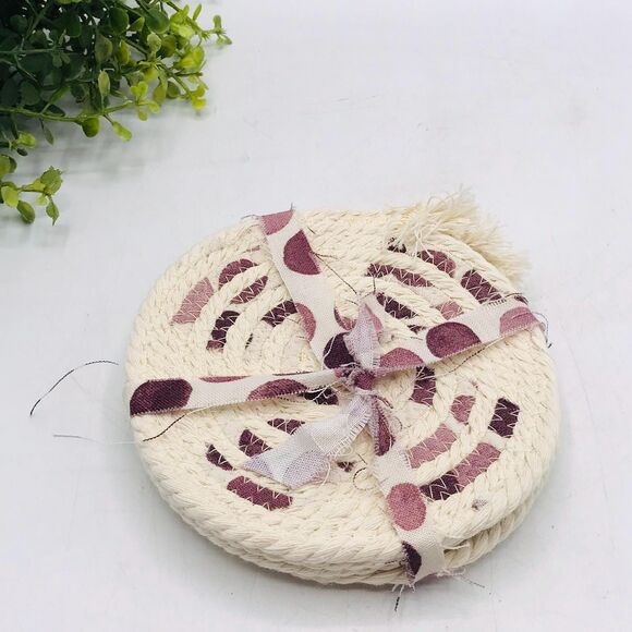 One Set of 4 Rope Coffee Coasters Cotton Dusty Purple Polka Dots  4.25" - Picture 1 of 5